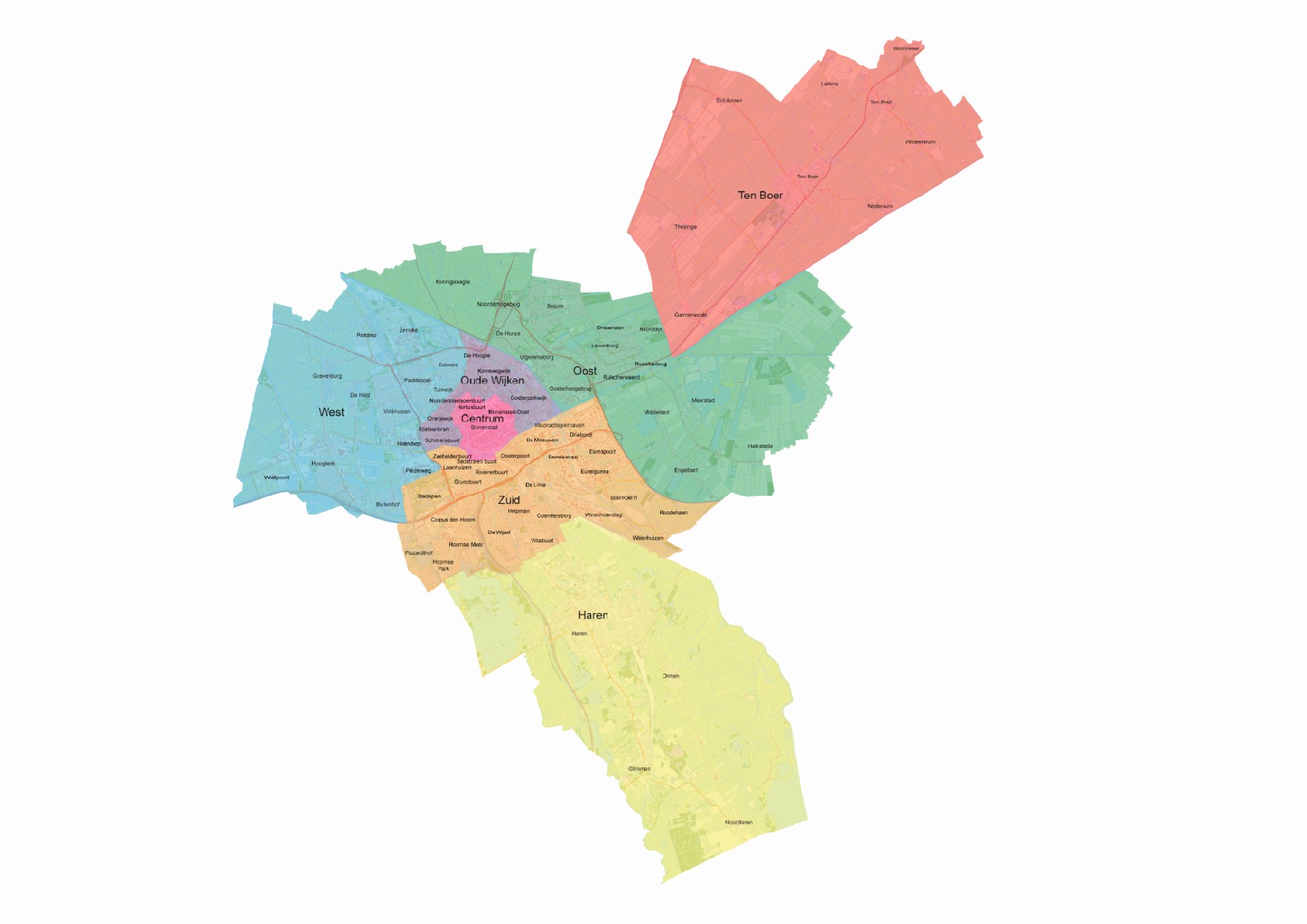 Afbeelding met plattegrond van gebieden in de gemeente Groningen