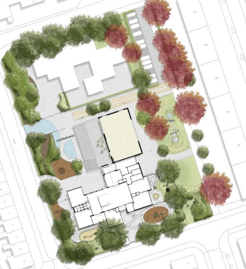 Tekening van de nieuwe buitenruimte bij de Bisschop Bekkersschool