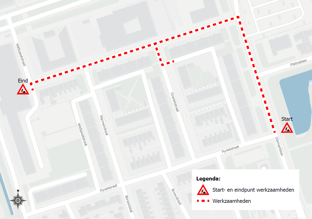 Kaart werkzaamheden Veldspaatstraat