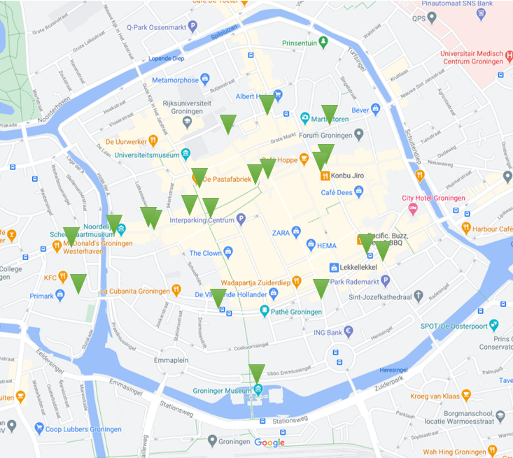 Afbeelding van plattegrond met slimme sensoren in de binnenstad van Groningen