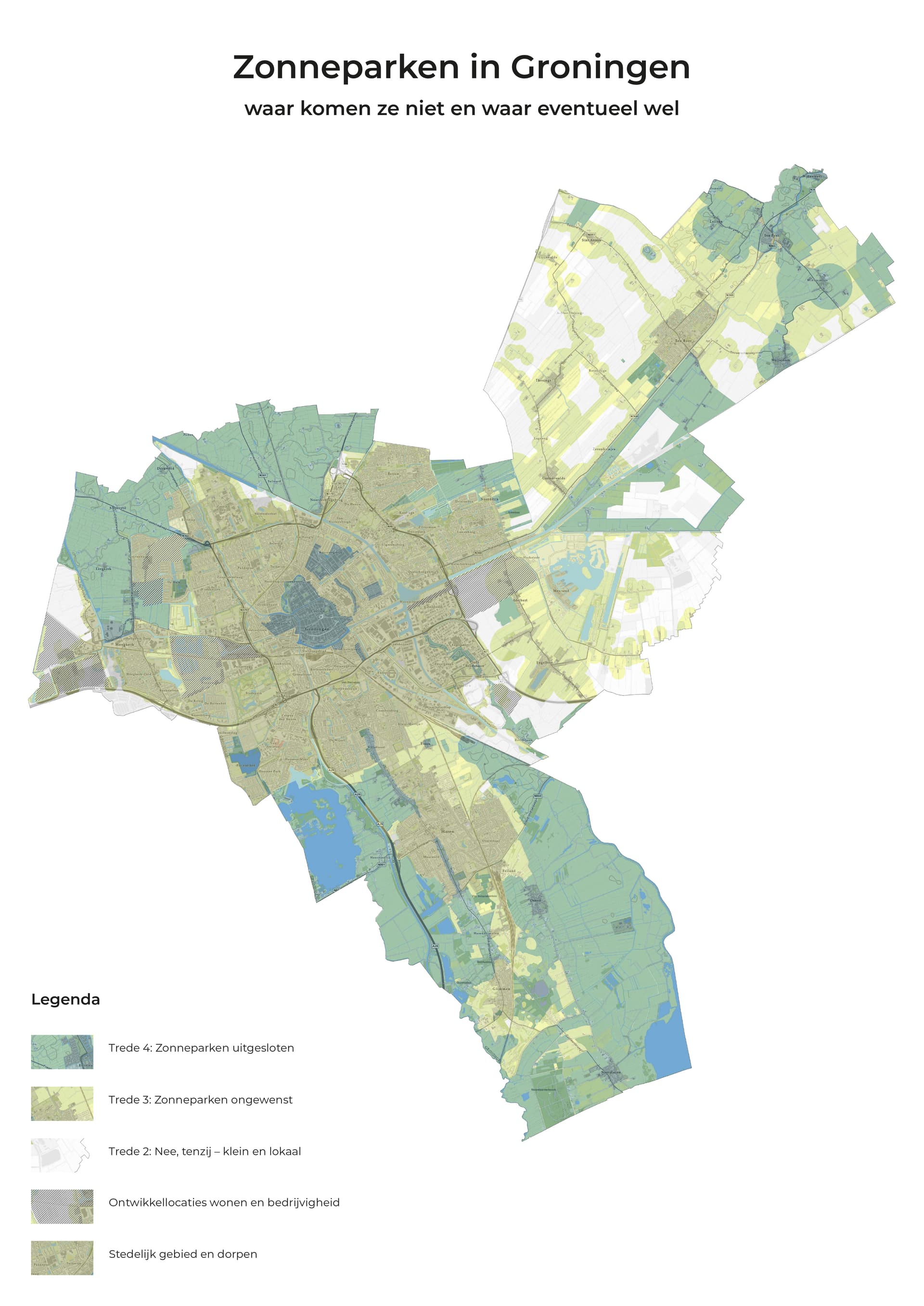 Afbeelding van kaart met waar zonneparken komen en waar niet