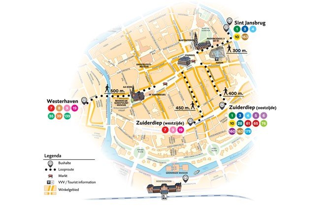 Kaart alternatieve bushaltes in het centrum van de stad Groningen